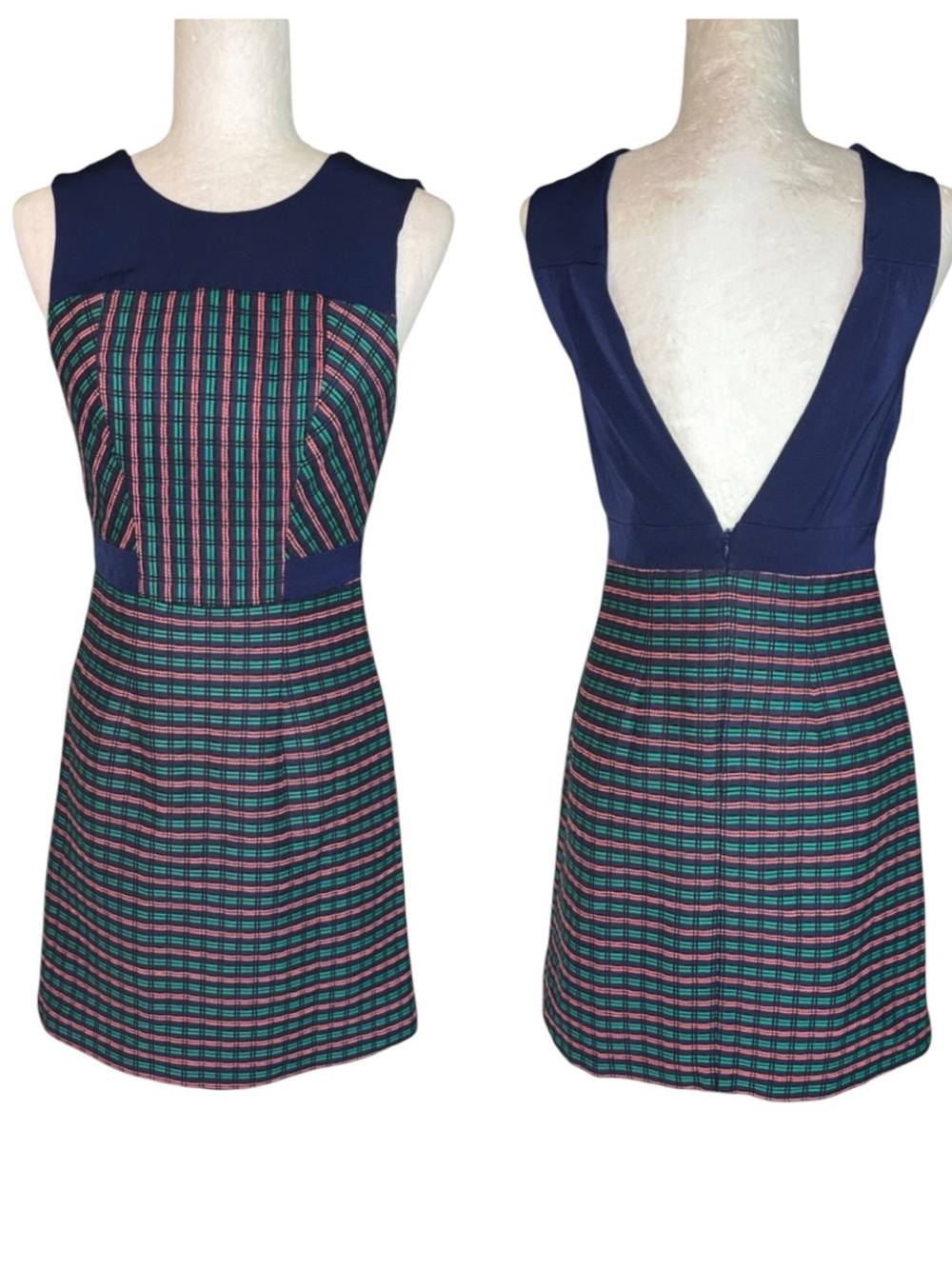 Shoshanna Navy Blue Green Coral Pink Brocade Plaid Low Back Mini Dress - 8